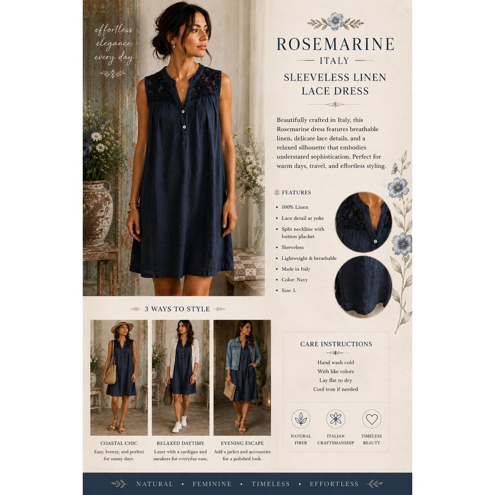 Rosemarine Italy Dress Sleeveless Linen Lace Navy SZL Casual Shift Boho